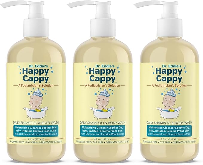 هابي كوبي شامبو وغسول الجسم Happy Cappy للأطفال - غسول جسم للأكزيما للأطفال والأطفال الصغار والبالغين، يساعد في الجفاف، يقلل الحكة والاحمرار، اختبر من قبل أطباء الجلدية، خال من العطور - 8 أونصات سائلة (عبوة من 3 أنصات) - Image 2